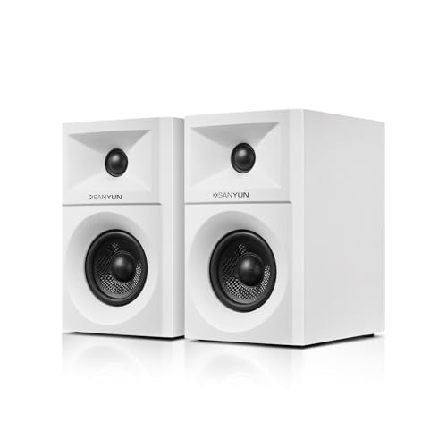 Sanyun SW203 3" 2.0 Computer Speakers, Expanded Stereo Field, Triple-DSP | Built-in 24bit DAC, USB-C/Bluetooth 5.4/AUX, 60W Carbon Fiber Woofer & Silk Dome Tweeter, for Desktop PC Gaming (Pair, White) - color: White