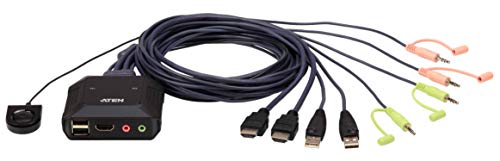 ATEN CS22H HDMI KVM Switch - 1 Monitors 2 Computers - 2-Port HDMI with Remote Selector – 4K DCI 4096x2160-60Hz, 2560x1440-144Hz, USB 2.0, USB Hub, Plug & Play, Compatible with Windows/Mac/Linux - size: HDMI - 144Hz, style: US Version
