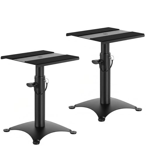 Height Adjustable Desktop Speaker Stands 1 Pair, Metal Desktop Studio Monitor Speaker Stands Bookshelf Speaker Stands 360° Swivel, 62lbs Load, Ideal for Recording Studio, Home Office & Gaming