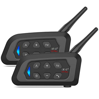 EJEAS V4 Plus Helmet Communication System, Motorcycle Bluetooth V5.1 Headset 1500m Helmet Intercom with Noise Reduction/3D Sound/FM Radio/Hands-Free, Ideal for 2 to 4 Riders Group Talking (2PCS) - size: V4-2