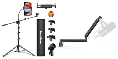 InnoGear 6 in 1 Microphone Stand Floor with Tablet Phone Holder & Low Profile Mic Stand with Magnetic Cable Management Desk Mount for Fifine AM8 K669B Blue Yeti HyperX QuadCast SoloCast AT2020