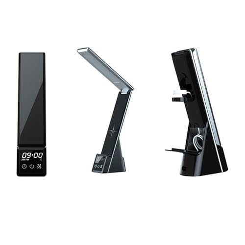IHAO 6in1 Multifunctional Foldable LED Desk Lamp with Wireless Charger Digital Alarm Clock Eye-Care Lighting 3 Color Modes 15W Qi Charger for Phone/Headphones, Apple Watch Compatible-Black - color: Table Lamp Black