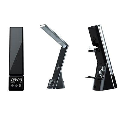 IHAO 6in1 Multifunctional Foldable LED Desk Lamp with Wireless Charger Digital Alarm Clock Eye-Care Lighting 3 Color Modes 15W Qi Charger for Phone/Headphones, Apple Watch Compatible-Black - color: Table Lamp Black