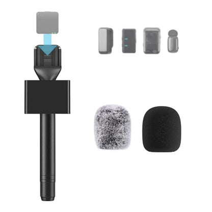 ZealSound Handheld Interview Microphone Adapter, Wireless Lavalier Transmitter Handle with Flag, Furry Windscreen & Foam, Compatible with DJI Mic Mini/Mic 2/3, Rode Wireless GO 2/3, Hollyland, BOYA - size: 9.53inch
