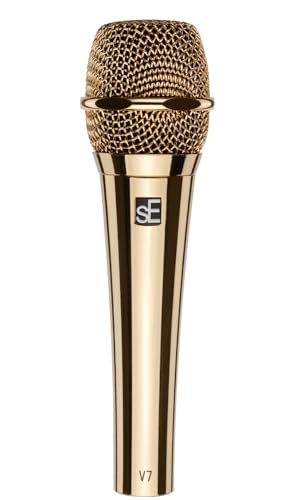 SE Electronics V7 Gold Bundle: Dynamic Supercardioid Handheld Vocal Microphone, RVMIC4 V2 Round-Base Mic Stand with Metal Quick-Release Hand Clutch for Live Performance, Podcasting, Speech, 2-items