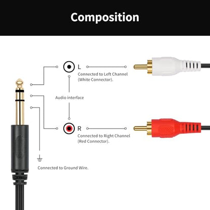 Gold-Plated 6.35mm 1/4 inch Male TRS Stereo Plug to 2 RCA Phono Male Audio Y Splitter Cable,Connector Wire Cord Plug (1.5M) - size: 6.35-TRS-2RCAM