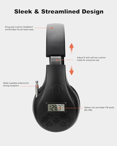 Portable Personal FM Radio Headphones with Best Reception, Wireless Headset FM Radio Ear Muffs for Walking, Jogging Powered by 2 AA Batteries(Not Included) -Black
