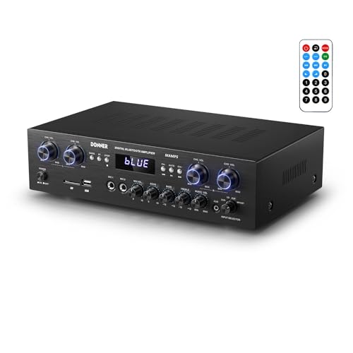 Donner Bluetooth 5.0 Stereo Audio Amplifier Receiver, 4 Channel 440W Peak Power Home Theater Stereo Receiver with USB, SD, FM, 2 Mic in Echo, RCA, LED, Speaker Selector for Studio, Home - MAMP5 - size: 440W