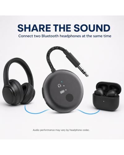Avantree SoundJet R1 - Airplane Bluetooth Adapter for AirPods, 25H | Qualcomm aptX Adaptive & HD, dual-headphone pairing, 25-hour battery, USB-C charging, and single/dual airline plugs - color: 6. Metallic Black