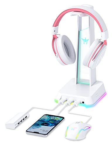 PHNIXGAM RGB Headphone Stand with 3.5mm AUX and 3 Port USB 2.0 Hub, White