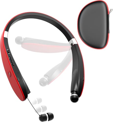 Bluetooth Neckband Headphones, Foldable Wireless Lightweight Neck Headset with Retractable Earbuds, Noise Cancelling Sweatproof Stereo Earphones with Mic & Carrying Case (Red) - color: Red