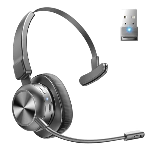 Trucker Bluetooth Headset, Wireless Headset with Microphone | USB Dongle, On Ear Bluetooth Headphones with AI Noise Cancelling 50H Playback Mute Button for Truck Driver Office Work, Ash - color: Ash