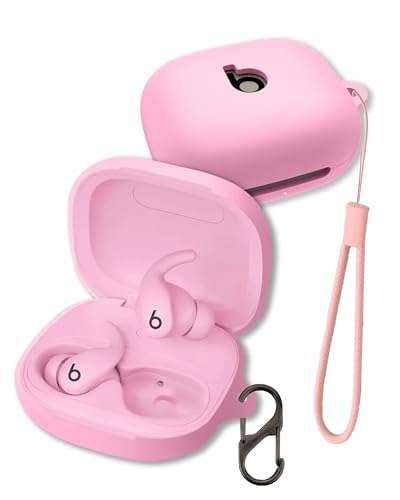 Case for Beats Powerbeats Fit Earbuds 2025 (Pink) | Soft Silicone Protective Cover with Carabiner and Lanyard, Shockproof - color: Pink