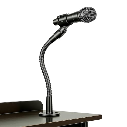 KF25 9-Inch Heavy-Duty Gooseneck Mic Stand with Flange Mount for Podium | Microphone holder for podiums, lectures, and podcast desks, up to 3.5 lb, with mic clip, adapter, and 10 cable ties - size: 9-INCHS