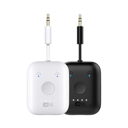 MEE audio Connect Air (2 PACK) in-Flight Bluetooth Wireless Audio Transmitter Adapter for up to 2 AirPods/Other Headphones; Works with All 3.5mm Aux Jacks on Airplanes, Gym, TVs, & Gaming, Black&White - color: 2PK Black+White, style: Connect Air