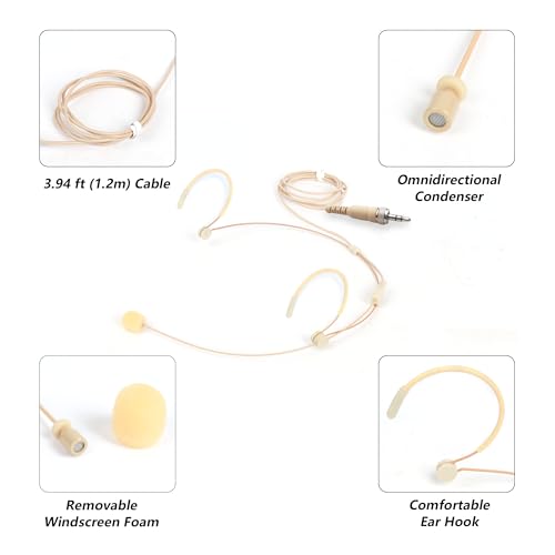 Headworn/Headset Microphone Wired, Dual Over-Ear Headset Mic, Condenser Headset Mic Compatible with Sennheiser Microphone Wireless Systems, Ideal for Lectures, Actors, Theater - Beige - size: 3.5mm Screw Lock Plug