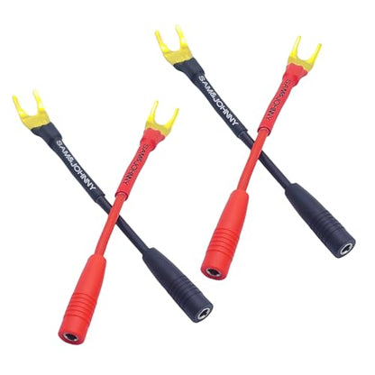 Sam&Johnny Gold Plated 45 Degree Spade Plugs to 4mm Female Banana Jack Speaker Wire for Speakers and Amplifier, Soldered Construction, 4 Pack of 3 Inch, RED/ BLACK - style: Spade, Banana