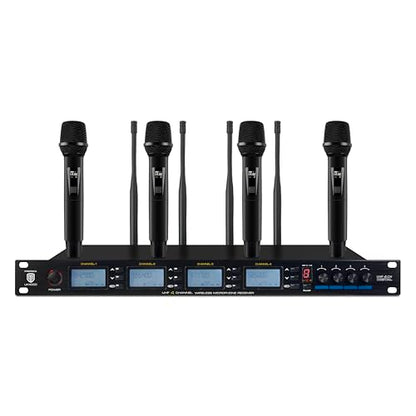 PRORECK UK-4000 UHF 4 Channel Wireless Microphone System with Four Handheld Microphone, 500 Selectable Frequency Range, Perfect for Home Karaoke/smallgatherings (UK-4000)