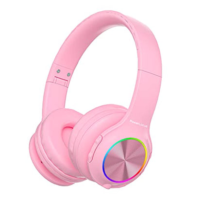 PowerLocus PLED Kids Bluetooth Headphones, Kids Wireless Headphones with LED Lights, 74/85/94dB Safe Volume, Micro SD, AUX Cable, Hi-Fi Stereo, Built-in Mic Over Ear Kid Headphone for Travel/Tablet/PC - color: Pink