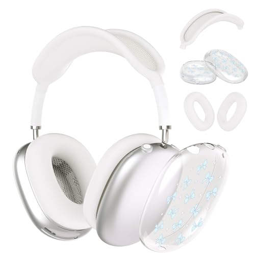 Silicone Case Cover for AirPods Max Headphones, Clear Blue Bows Soft TPU Ear Cups Cover/Ear Pad Case Cover/Headband Cover for AirPods Max (2024/2020) - color: Blue Bow_B/Clear