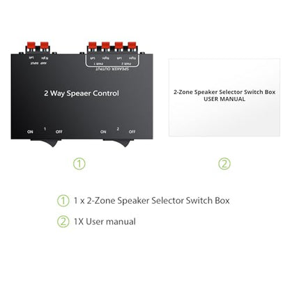 LiNKFOR 2-Zone Speaker Selector Switch Box - 1 Input 2 Output Audio Splitter for Stereo Amplifier Receiver - 150W/Channel, Independent 1/2 Buttons, Passive Multi-Room Home Audio Distribution