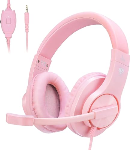Gaming Headset for Xbox One, PS4, PS5, Nintendo Switch, Bass Surround and Noise Cancelling 3.5mm Over Ear Headphones with Mic for Laptop PC Smartphones, Pink