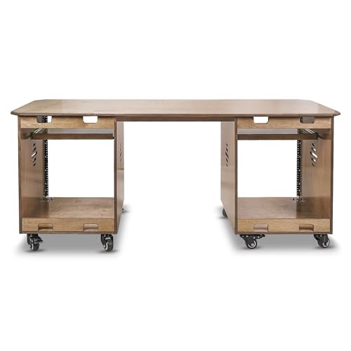 Sound Town DIY Music Studio Rack Desk Workstation with 2 X 13U Side Cabinets, Two Slide-Out Trays, Casters, Plywood, Weathered Brown for Recording Room, Home Studio (SDRK-WS69) - size: 2X13U(3U Top+10U Lower),Weathered Brown