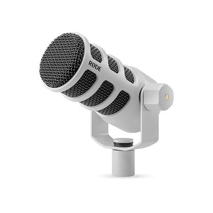 Rode PodMic White (Pair) Cardioid Dynamic Broadcast Microphones with 2X Mini Tripod Desktop Mic Stands and 2X XLR Cables