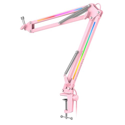 FIFINE AmpliGame BM38P Metal RGB Microphone Boom Arm for Gaming Streaming | Adjustable Suspension Scissor Mic Stand, Desk Mount Clamp, 3/8” to 5/8” Screw Adapter - color: Pink