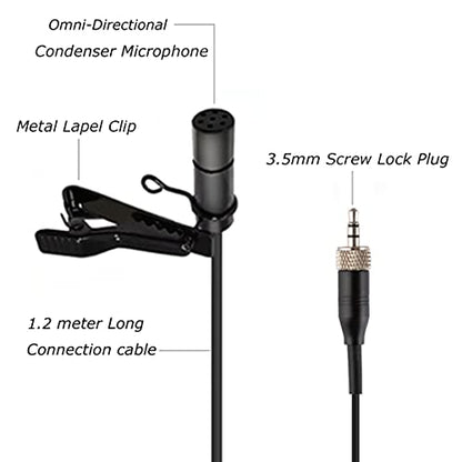 Lavalier Microphone Lapel Mic Compatible with Sennheiser Bodypack | Omnidirectional Condenser Clip On Microphone for Wireless Transmitter System 3.5mm Stereo Female Screw Plug with Clip & Cap