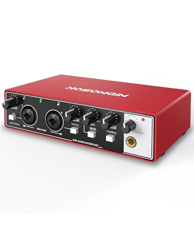 HOSONGIN 초보자를 위한 USB 오디오 인터페이스 - 24비트/192kHz, 48V 팬텀 파워, 팟캐스트/보컬/기타/유튜브, PC/맥/iOS 호환 플러그 앤 플레이 녹음, 뉴 레드 메탈)
