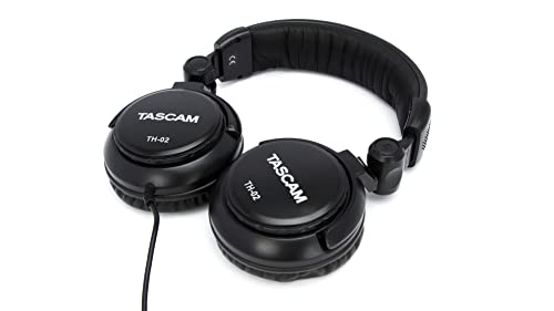 TASCAM TH-02 Professional Studio Monitor Headphones, Wired, Over Ear — for Recording, Podcast, DJ, Music and Guitar, with 1/4 Inch Jack Adapter