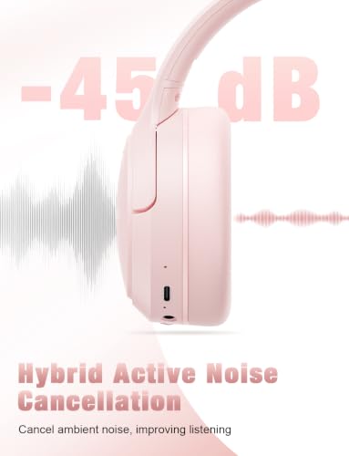 RUNOLIM Hybrid Active Noise Cancelling Headphones, Wireless Over Ear Bluetooth Headphones with Microphone, 100H Playtime, Foldable Headphone with HiFi Audio, Deep Bass for Home Travel Office（Pink） - color: Pink
