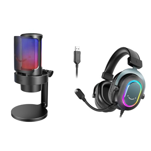 FIFINE PC Microphone USB Headset, Gaming Streaming Bundle for Laptop, Desktop, PS4, PS5, Condenser Mic with RGB Control, Headphone Jack, Headset with 7.1 Surround Sound (A8+H6)