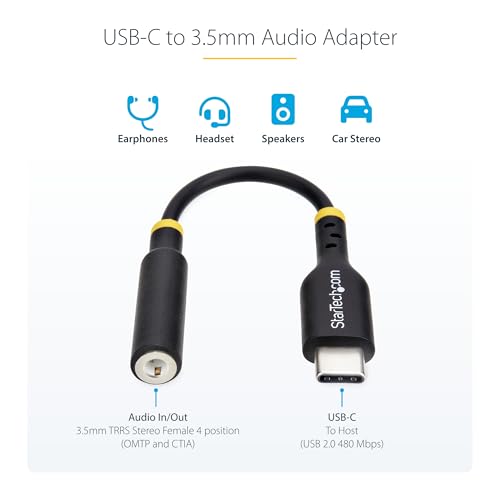 StarTech 5in USB-C to 3.5mm TRRS Audio Adapter, 32-bit DAC (USBCAUDIO2) | USB-C Aux Dongle for PC/Phone, 12.7cm, Headphone, Headset Jack