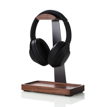 Walnut Headphone Stand, Wood Headset Holder with Storage for Desk - color: Grey