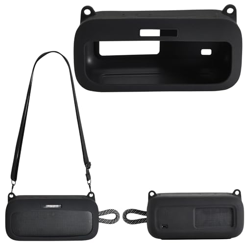 Silicone Shockproof Case for Bose SoundLink Plus with Strap | Snug fit for Bose SoundLink Plus, shockproof silicone with anti-slip grip, easy access cutouts, detachable shoulder strap. - color: Black