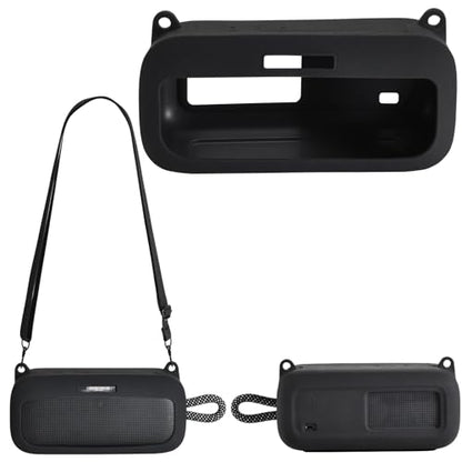 Silicone Shockproof Case for Bose SoundLink Plus with Strap | Snug fit for Bose SoundLink Plus, shockproof silicone with anti-slip grip, easy access cutouts, detachable shoulder strap. - color: Black