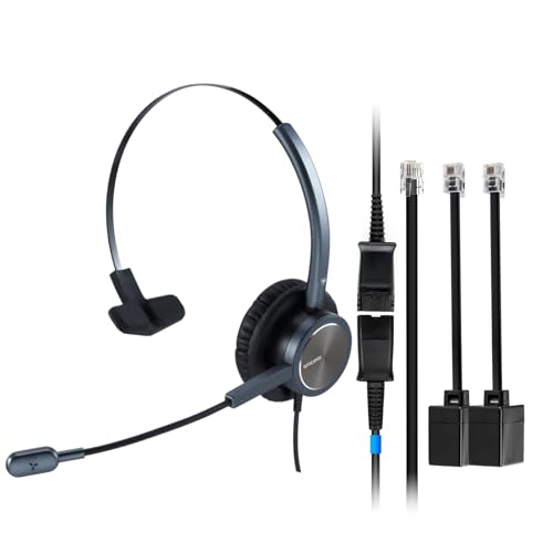 One Ear Wired Headphone for Deskphones, Telephone Headset with QD-RJ9 Jack & Noise Cancelling Microphone for Office Call Center, Works for Grandstream,Snom,Yealink,Fanvil,Cisco IP Phones and More