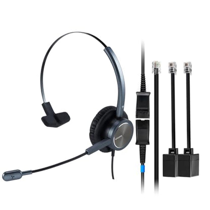 One Ear Wired Headphone for Deskphones, Telephone Headset with QD-RJ9 Jack & Noise Cancelling Microphone for Office Call Center, Works for Grandstream,Snom,Yealink,Fanvil,Cisco IP Phones and More