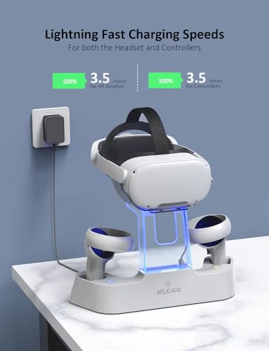 NexiGo Charging Dock for Oculus Quest 3 and 2 with LED Light [On/Off], [Support Elite Strap with Battery], Headset Display Holder and Controller Mount, 2 Rechargeable Batteries