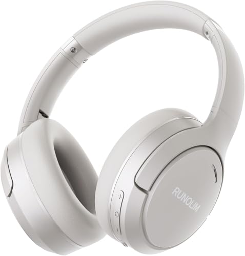 RUNOLIM Hybrid Active Noise Cancelling Headphones, 100H Playtime, Built-in Microphone, Bluetooth Wireless Over Ear Foldable Headphones with HiFi Audio, Home Travel Office - color: Silver