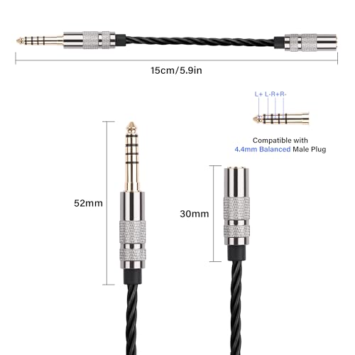 SinLoon 4.4mm Male to 3.5mm Female Audio Adapter Cable, 15cm HiFi Short Cord, Oxygen-Free Copper Braided, Gold-Plated Balanced to Stereo Converter (Black)