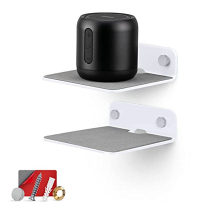BRAINWAVZ 2-Pack 4” Small Floating Shelf Bluetooth Speaker Stand, Adhesive & Screw Wall Mount, Anti Slip, for Cameras, Baby Monitors, Webcam, Router & More, Universal Holder (SHELF11 White) - color: White