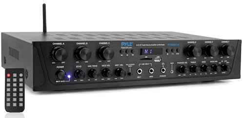 Pyle Wireless Home Audio Amplifier System - Bluetooth Compatible 6 Channel Stereo Receiver, 600W Max Power, Simple Karaoke with Dual Mic Inputs with Tone Control, PA with Talk Over - PTA66BT.6