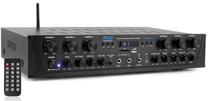 Pyle Wireless Home Audio Amplifier System - Bluetooth Compatible 6 Channel Stereo Receiver, 600W Max Power, Simple Karaoke with Dual Mic Inputs with Tone Control, PA with Talk Over - PTA66BT.6