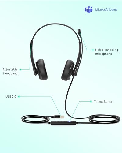 Yealink UH34 USB Wired Headset with Microphone for PC Laptop Desk Phone | Noise-Cancelling Microphone,Teams Certified, In-Line Controls for Home Office Online Class Zoom Meetings, Dual-ear headphones - style: Leather Cushion UH34