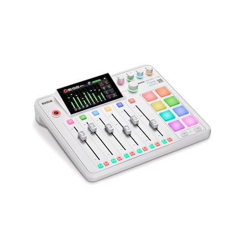 Rode RODECaster Pro 2 White Bundle with 4x PodMic Dynamic Mics, 4 PSA1+ White Boom Arms, 4 Cans50 Headphones, XLR Cables — 9-Channel APHEX Console for Podcasting, Streaming