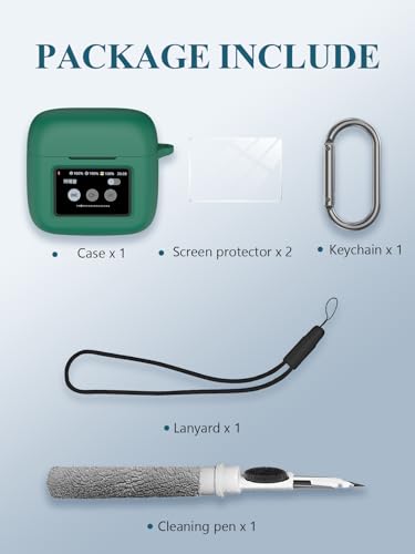Case for JBL Tour Pro 3 - True Wireless Noise Cancelling Earbuds, WUNIAK Soft Silicone Protective Portable Scratch Shock Resistant with 2pack Screen Protector &Cleaner Kit & Carabiner & Lanyard，Green - color: GREEN