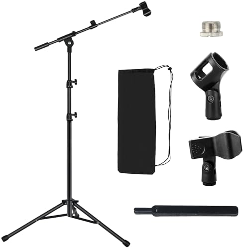 Tripod Mic Stand Floor Boom Arm for Blue Yeti Q2U SM57 SM48 Fifine K6 K688 | Floor Stand for Singing, Podcasting - Sturdy Base, Adjustable Height, Carrying Bag, 5/8" Adapter, 2 Mic Clips, Cable Ties